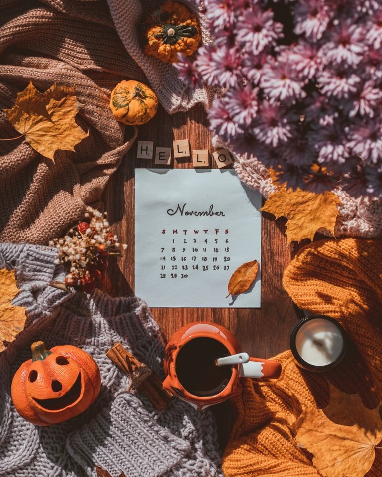 Warm flat lay featuring a November calendar with pumpkins, leaves, and fall colors.